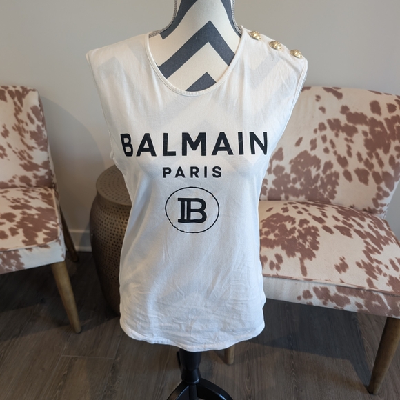 Balmain Tops - Balmain White Logo Tank Top with Gold Buttons